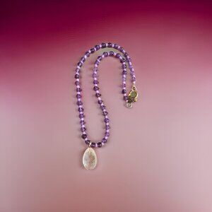 Quartz Crystal Pendant Necklace w Genuine Amethyst Purple beads  ~ 20 in.